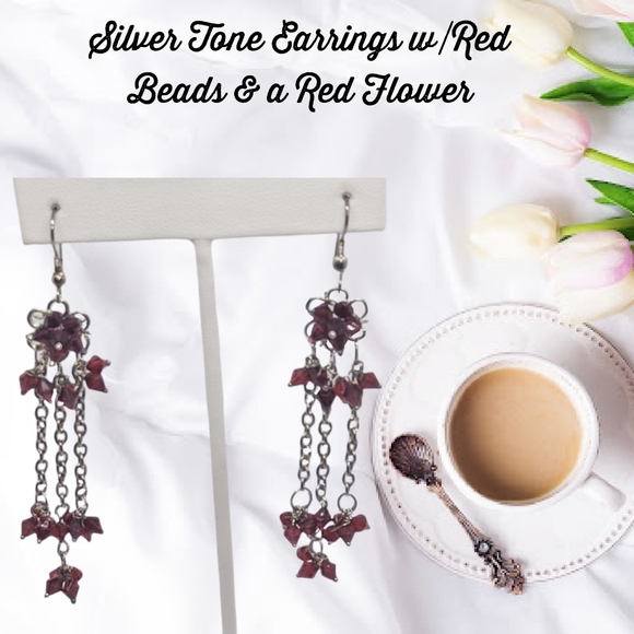 👣4/$20. Silver Tone Earrings w/Red Beads & a Red Flower - Picture 5 of 5